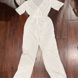 White Women's V-Neck Swim Coverup Jumpsuit